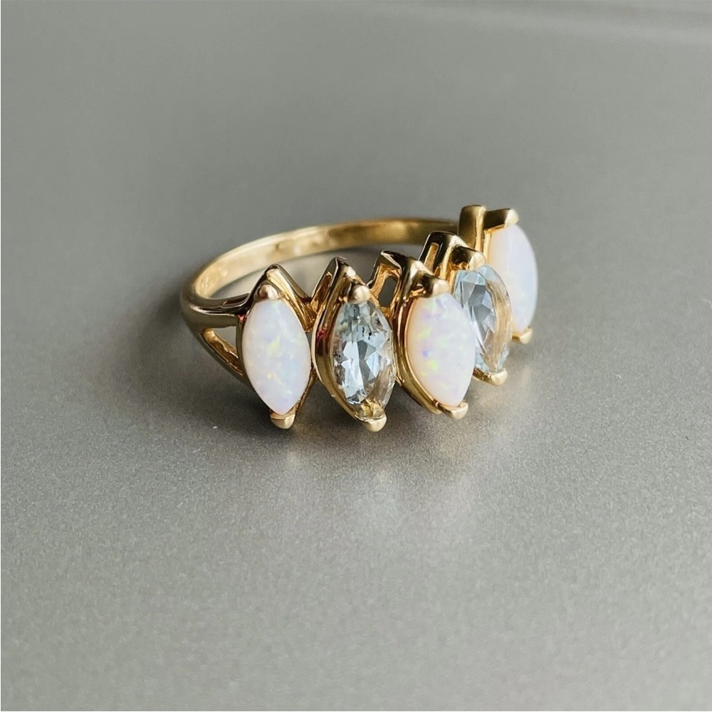 14K Gold Opal & Blue Topaz Marquise Cut Channel Ring - Picture 3 of 11